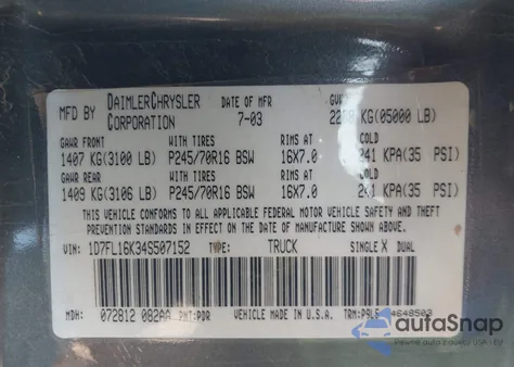 2004 Dodge Dakota из США, поврежденный, VIN 1D7FL16K34S507152